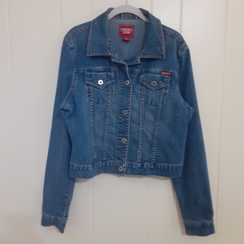 Guess Jeans cropped denim jacket womens sz L collar button closure vintage 90s